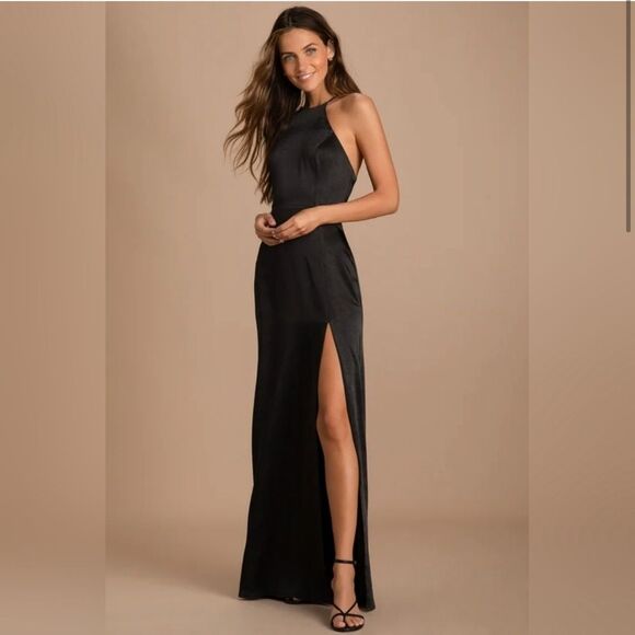 Lulu's Dresses & Skirts - NWT Lulus Make it Elegant Black Satin Strappy Maxi Dress Size Small